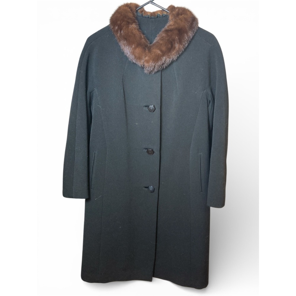 Mink Collar‎ Vintage Midi Coat, Black, Medium, Classic, 1960's, Blend, Fur